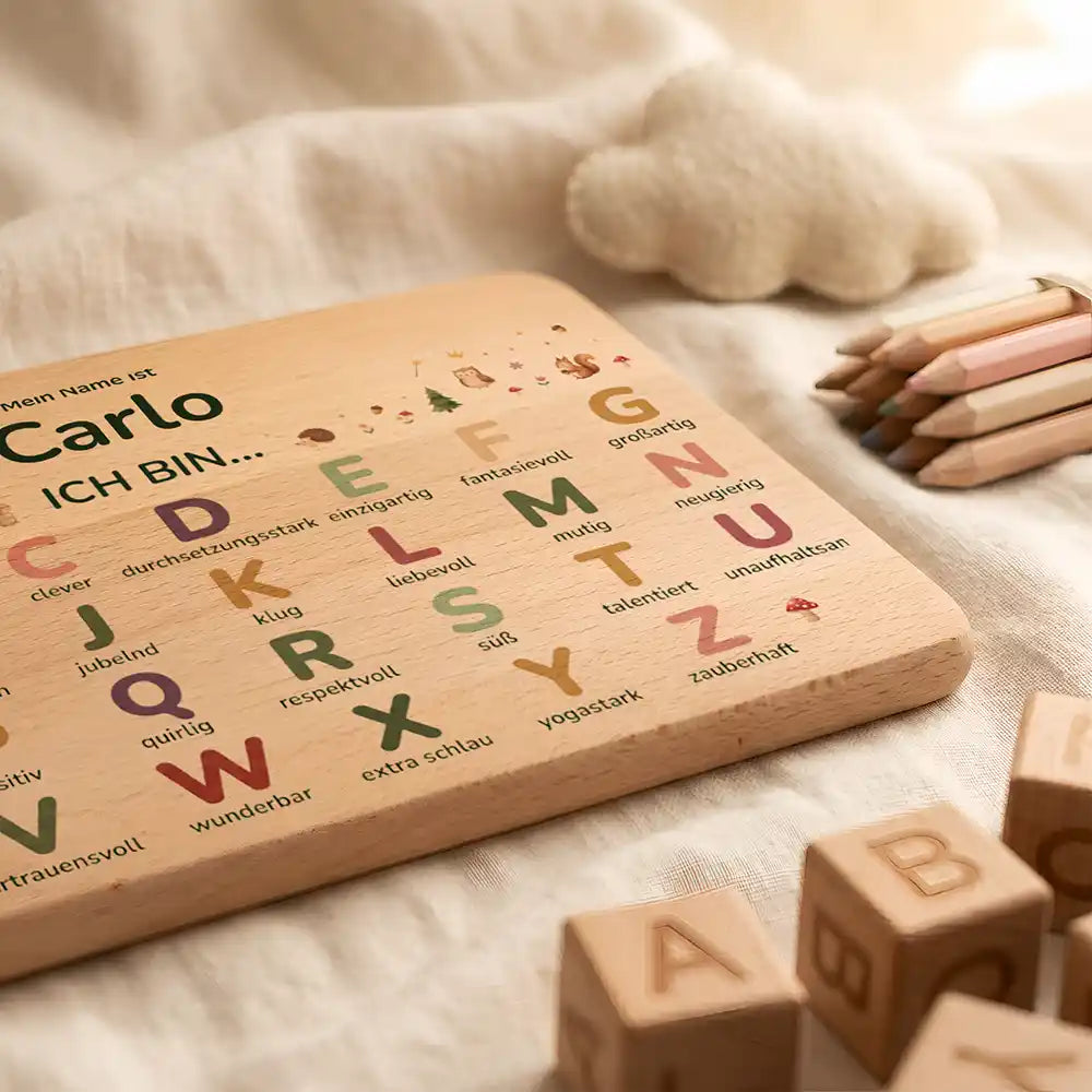 ABC Brettchen Kinder personalisiert Unterwasser Welt – Buchstaben-Würfel Nahaufnahme