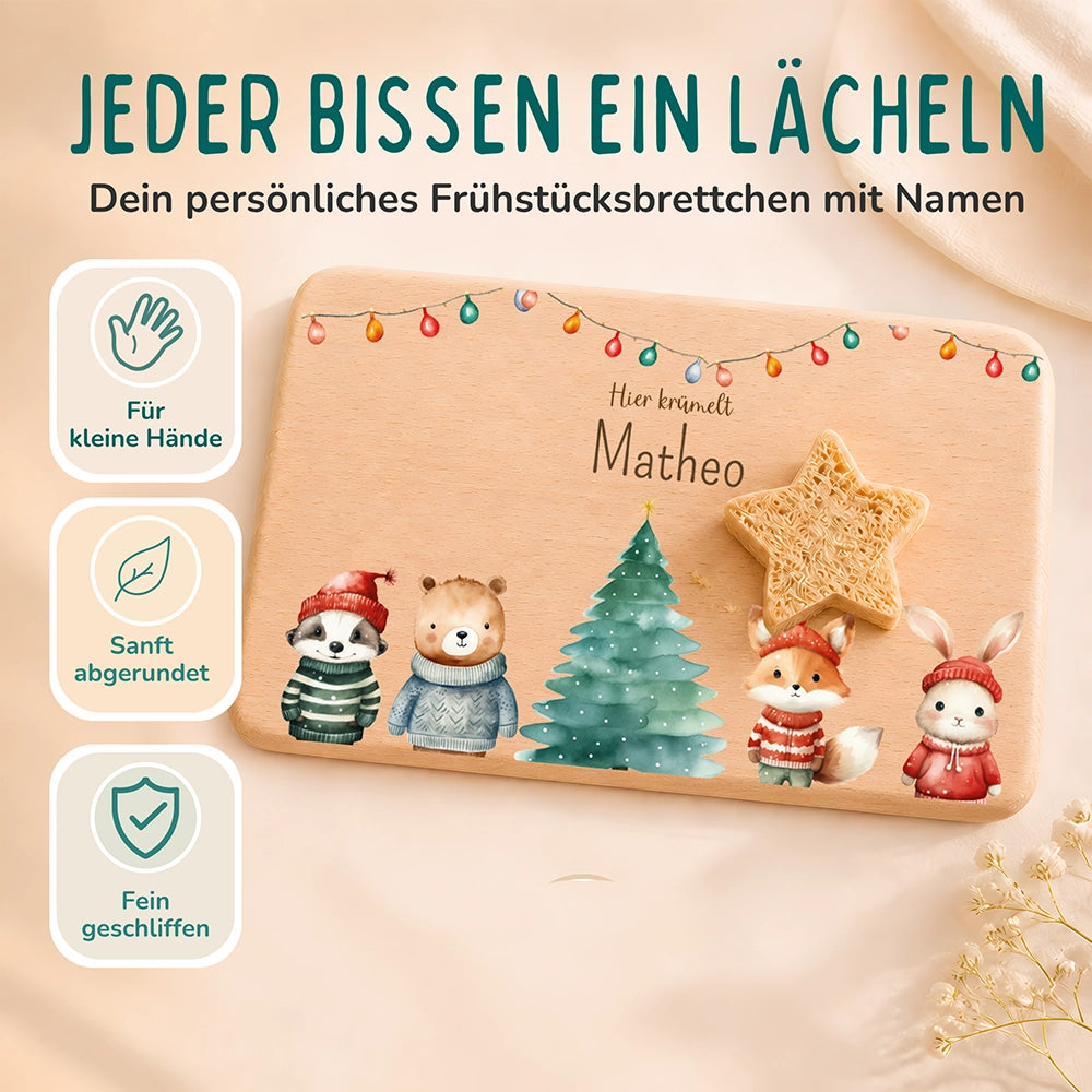 Frühstücksbrettchen Weihnachten mit Tieren und Lichterkette - Geschenk Weihnachten