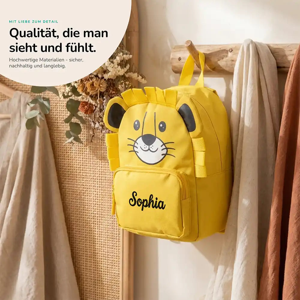 Personalisierter Kinderrucksack Löwe, robustes RPET-Material