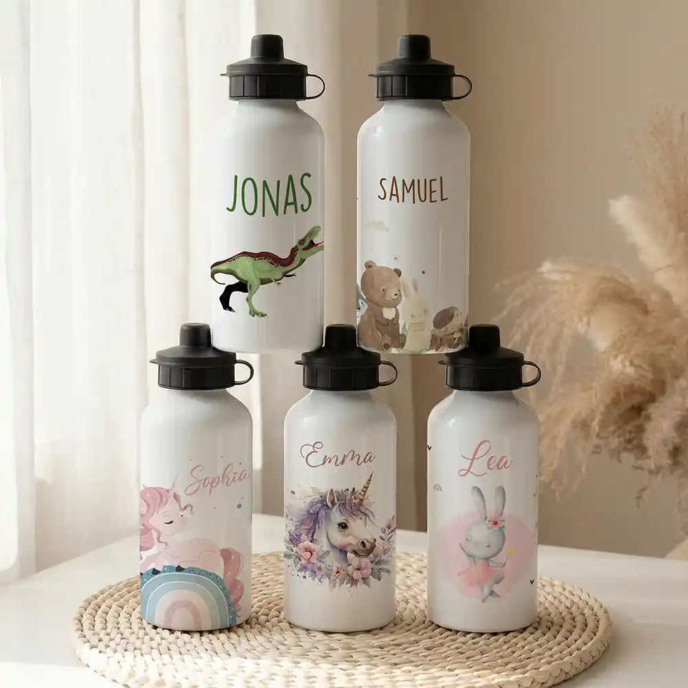 Personalisierte Trinkflasche Kinder Dino T-Rex – Alu 500 ml weiß mit Namen