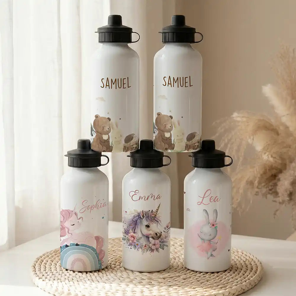 Personalisierte Trinkflasche Kinder Waldfreunde – Alu 500 ml weiß mit Namen