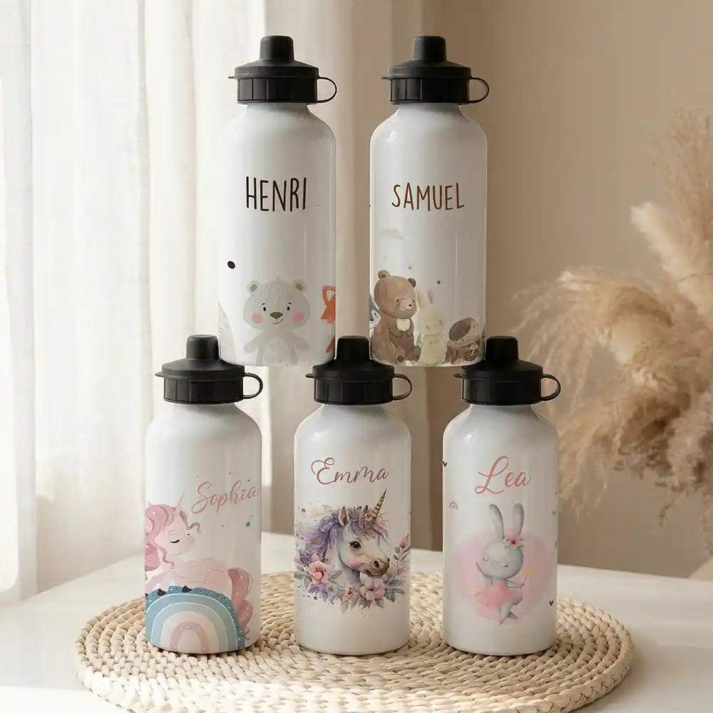 Personalisierte Trinkflasche Kinder BĂ€r & Fuchs â Alu 500 ml weiĂ mit Namen