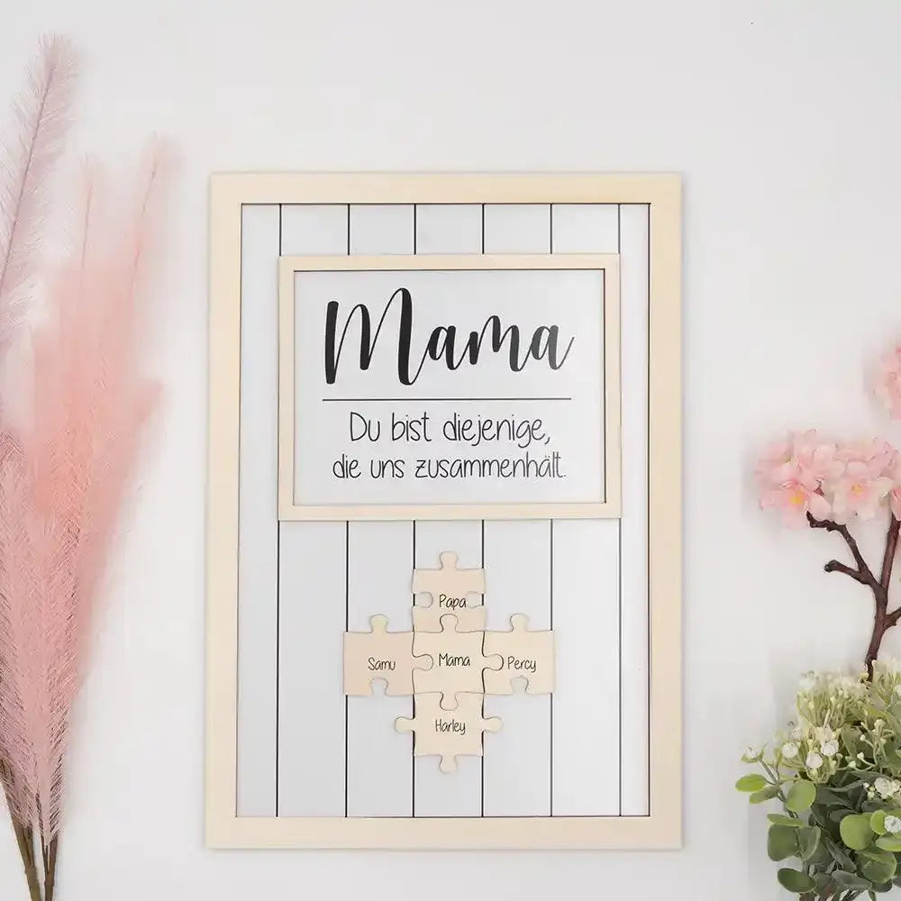 personalisiertes familienpuzzle-bilderrahmen fĂĽr drei personen als muttertagsgeschenk