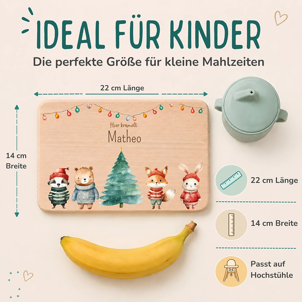 Frühstücksbrettchen Weihnachten mit Tieren und Lichterkette - Geschenk Weihnachten