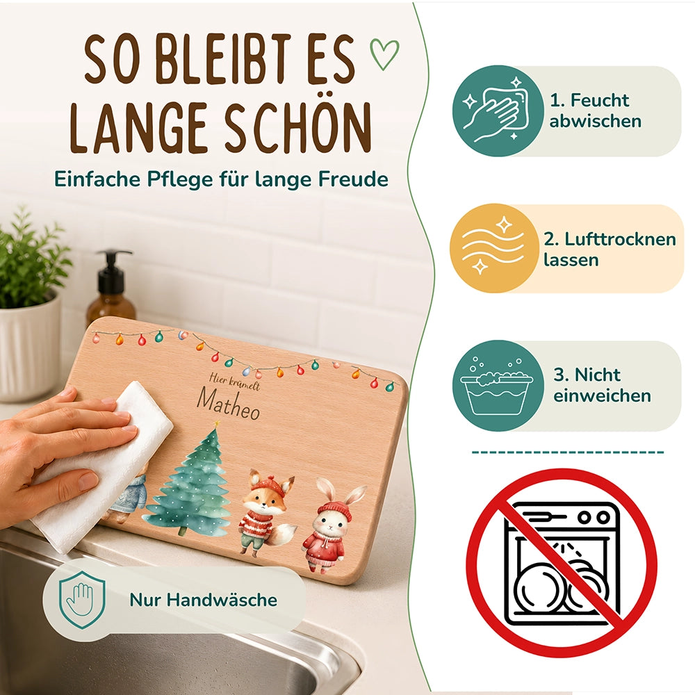 Frühstücksbrettchen Weihnachten mit Tieren und Lichterkette - Geschenk Weihnachten