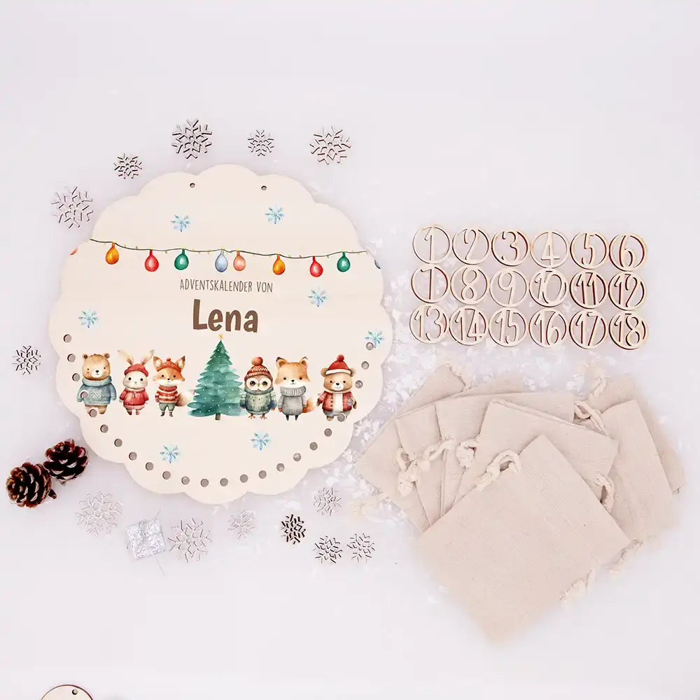 Personalisierter runder Adventskalender Kinder aus Holz - Niedliche Waldfreunde