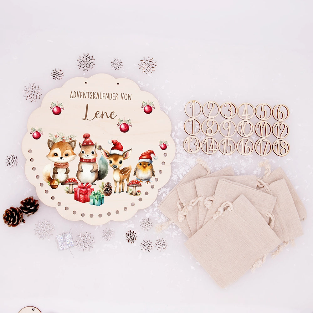 Personalisierter runder Adventskalender Kinder aus Holz - Tierische Weihnachtsfeier