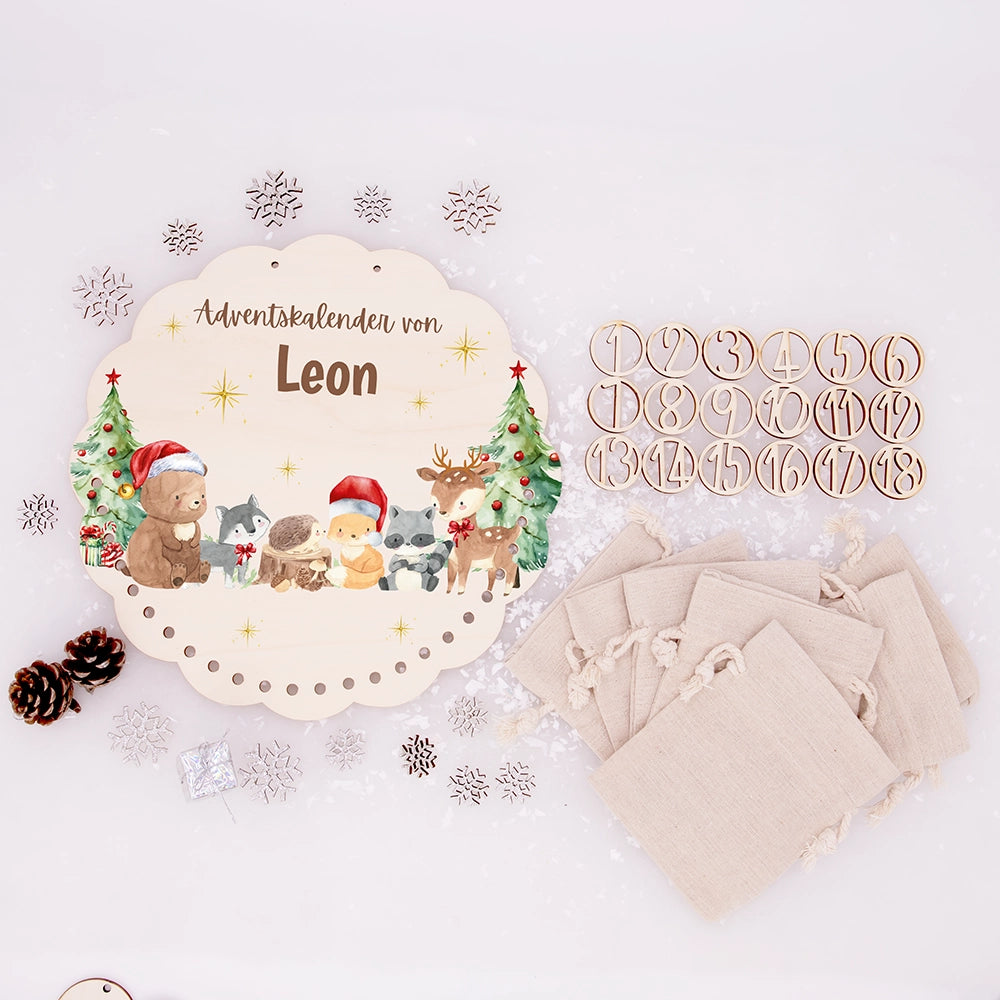 Personalisierter runder Adventskalender Kinder aus Holz - Winterwunderland