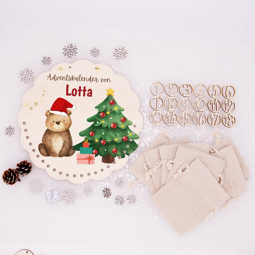 Personalisierter runder Adventskalender Kinder aus Holz - Weihnachtsbär