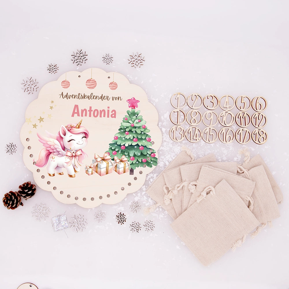 Personalisierter runder Adventskalender Kinder aus Holz - Baby Einhorn