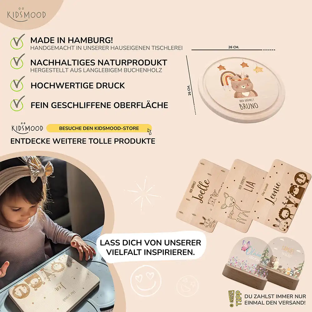 Rundes personalisiertes Frühstücksbrettchen Boho Bär mit Namen für Kinder