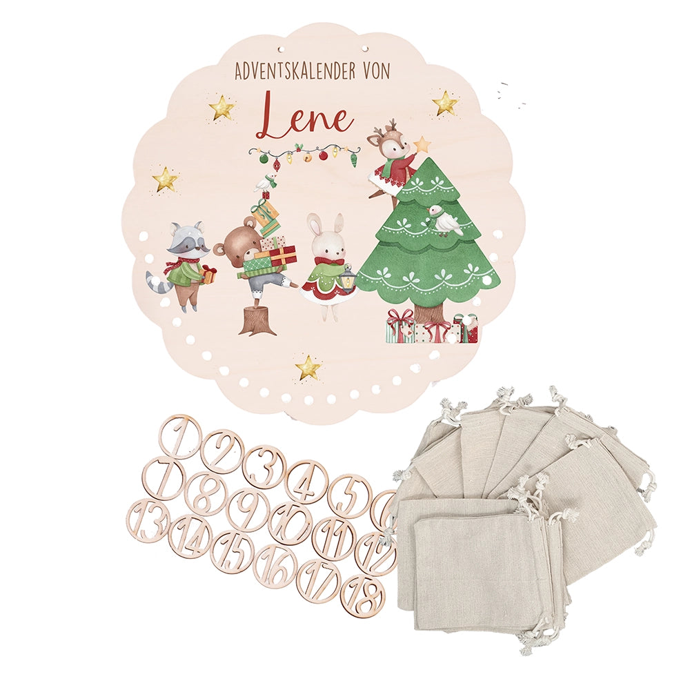 Personalisierter runder Adventskalender Kinder aus Holz - Festliche Waldszene