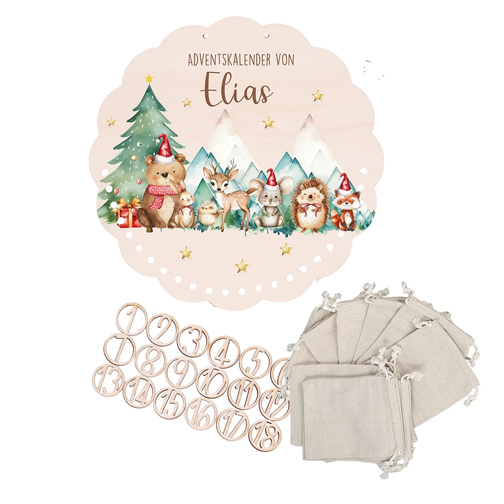Personalisierter runder Adventskalender Kinder aus Holz - Winterwald & seine Bewohner