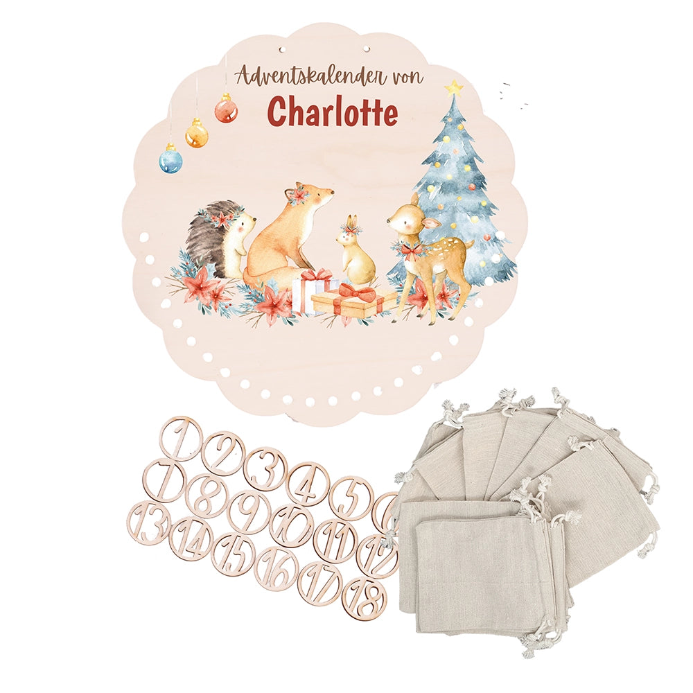 Personalisierter runder Adventskalender Kinder aus Holz - Winterwaldtiere