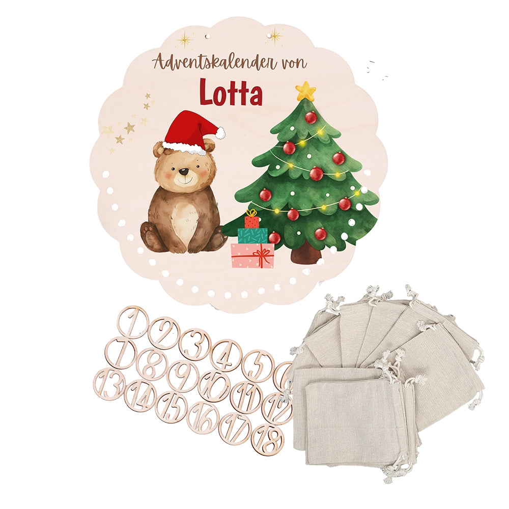 Personalisierter runder Adventskalender Kinder aus Holz - Weihnachtsbär