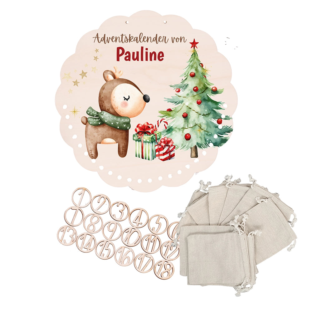 Personalisierter runder Adventskalender Kinder aus Holz - Baby Reh