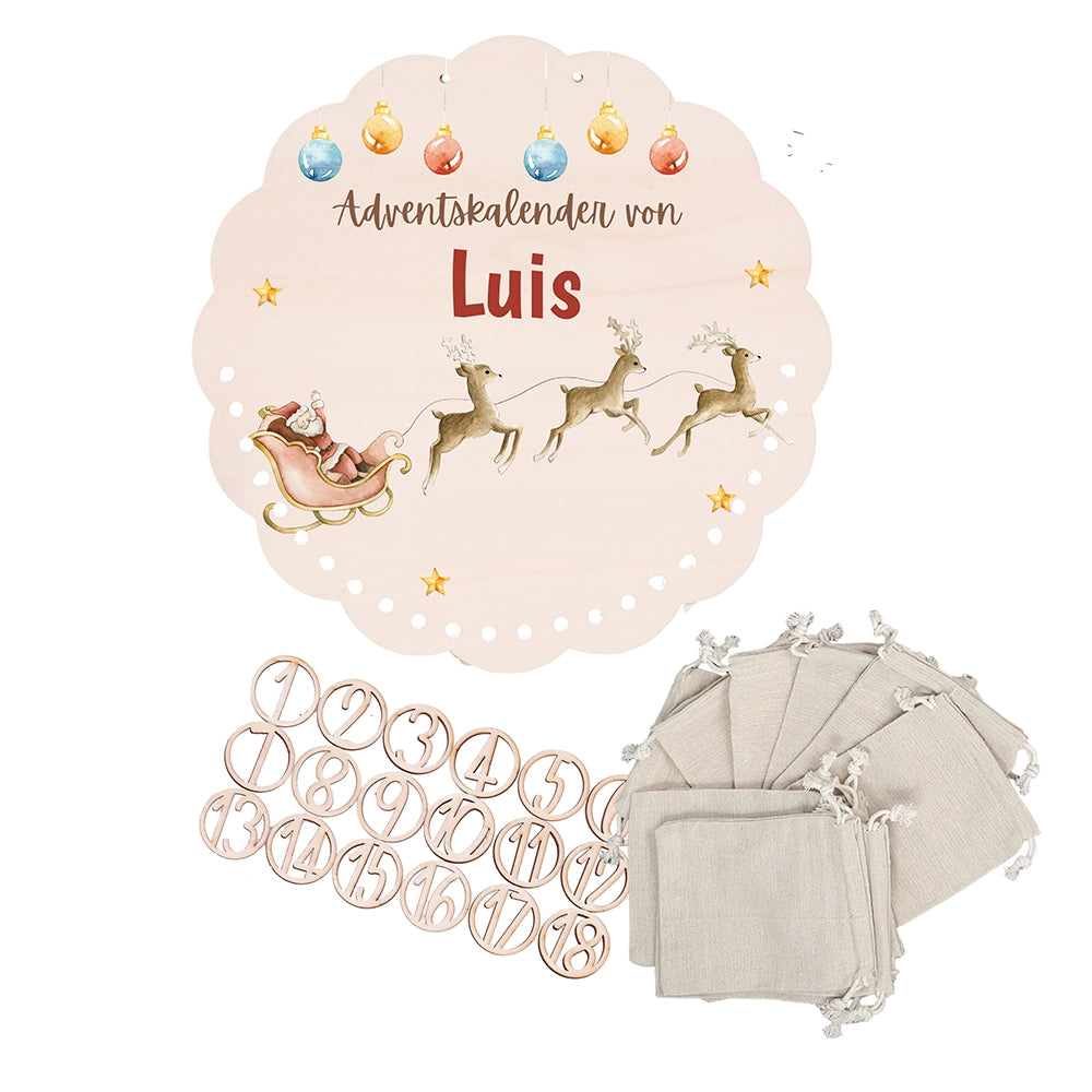 Personalisierter runder Adventskalender Kinder aus Holz - Rentiere