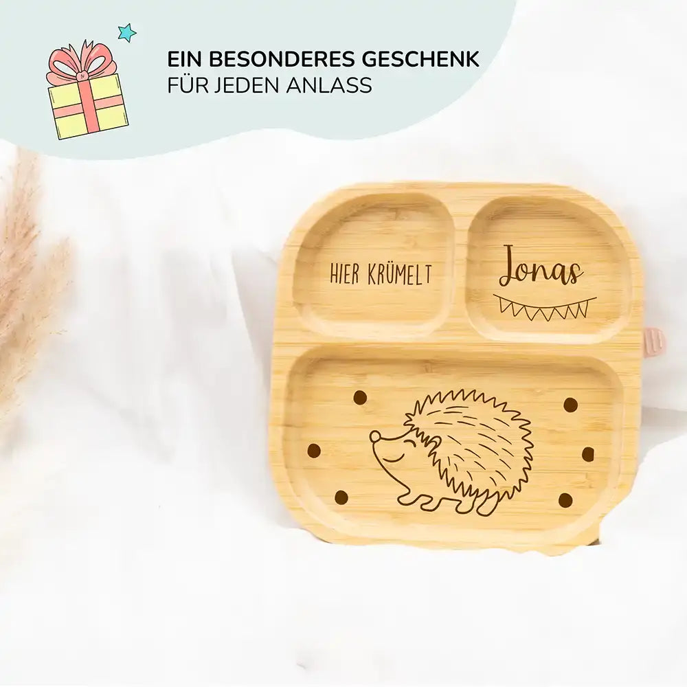 Kinderteller mit Saugnapf personalisiert mit Namen - Igel Motiv