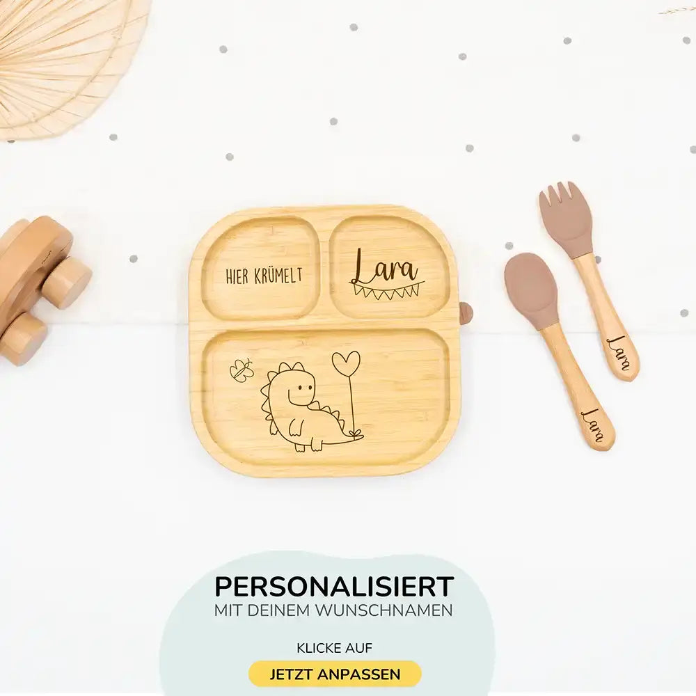 Kinderteller mit Saugnapf personalisiert mit Namen - Dino