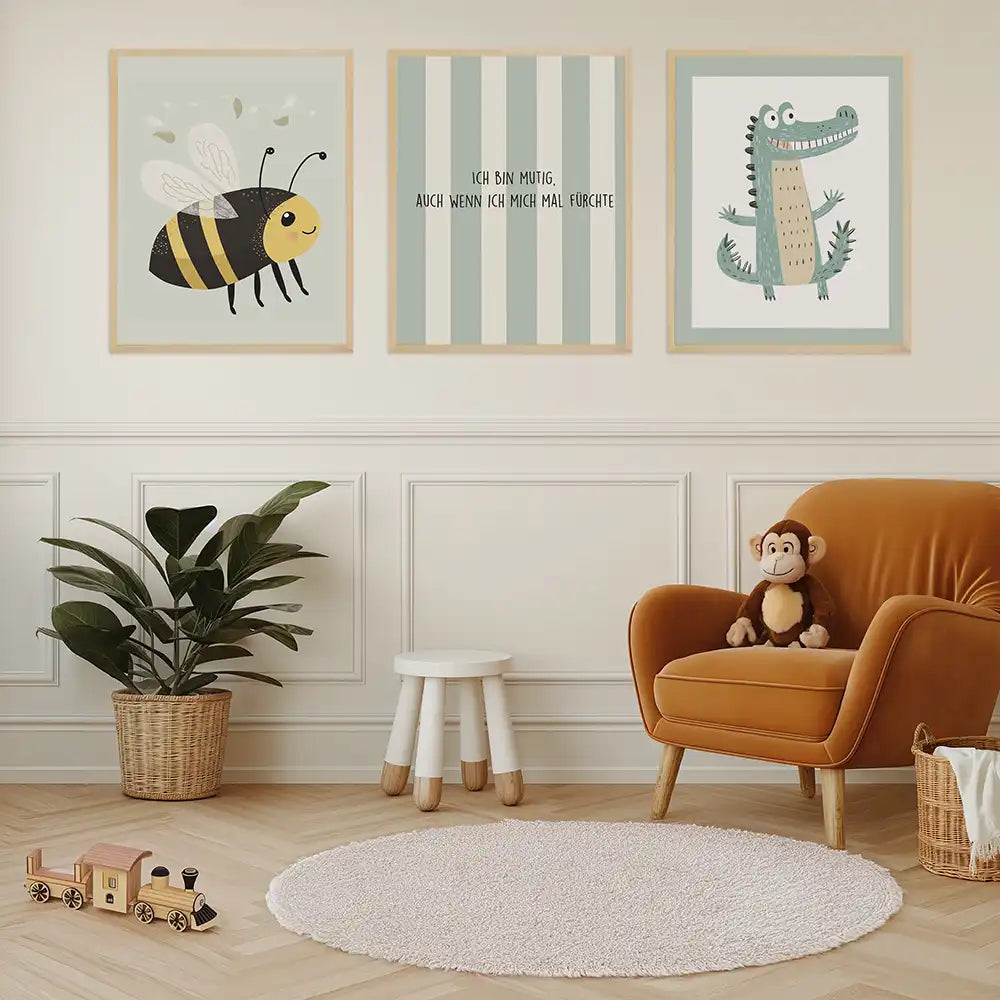 Poster 3er-Set - Biene, Krokodil & Mut Affirmation fĂĽrs Kinderzimmer