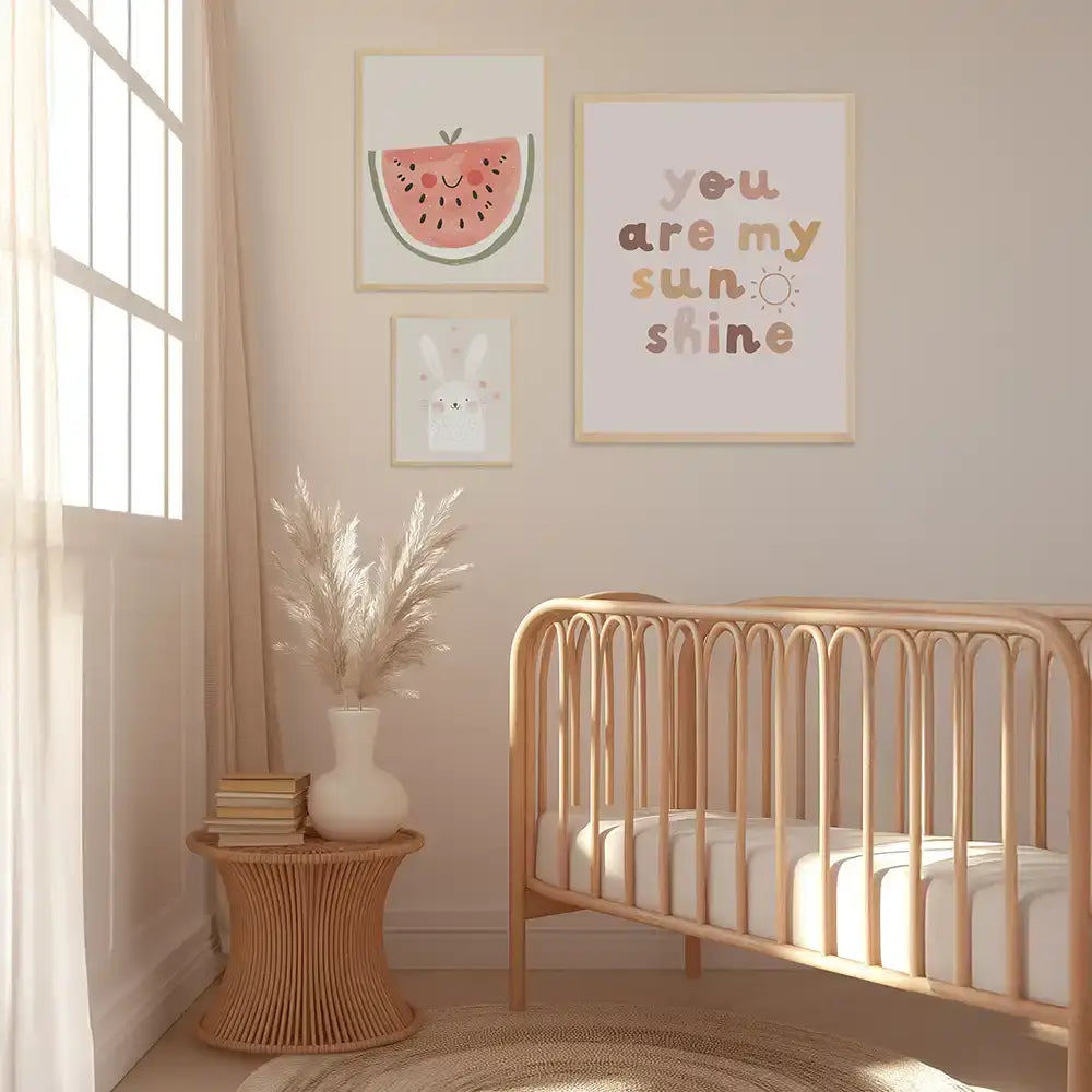 Poster 3er-Set - Wassermelone, Hase & "You are my sunshine" fĂĽrs Kinderzimmer
