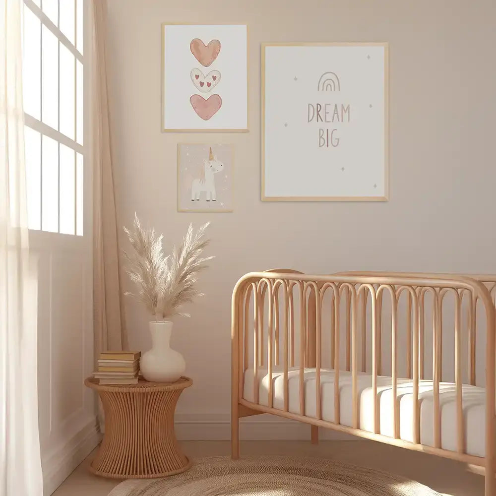 Poster 3er-Set - Herzen, Einhorn & Dream Big fĂĽrs Kinderzimmer