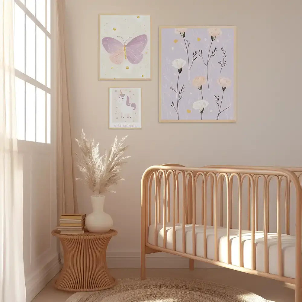 Poster 3er-Set - Schmetterling, Einhorn & Blumen fĂĽrs Kinderzimmer