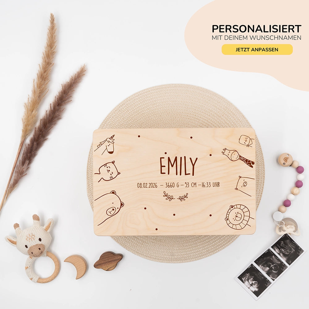 Erinnerungsbox Baby - fröhliche Tierfamilie