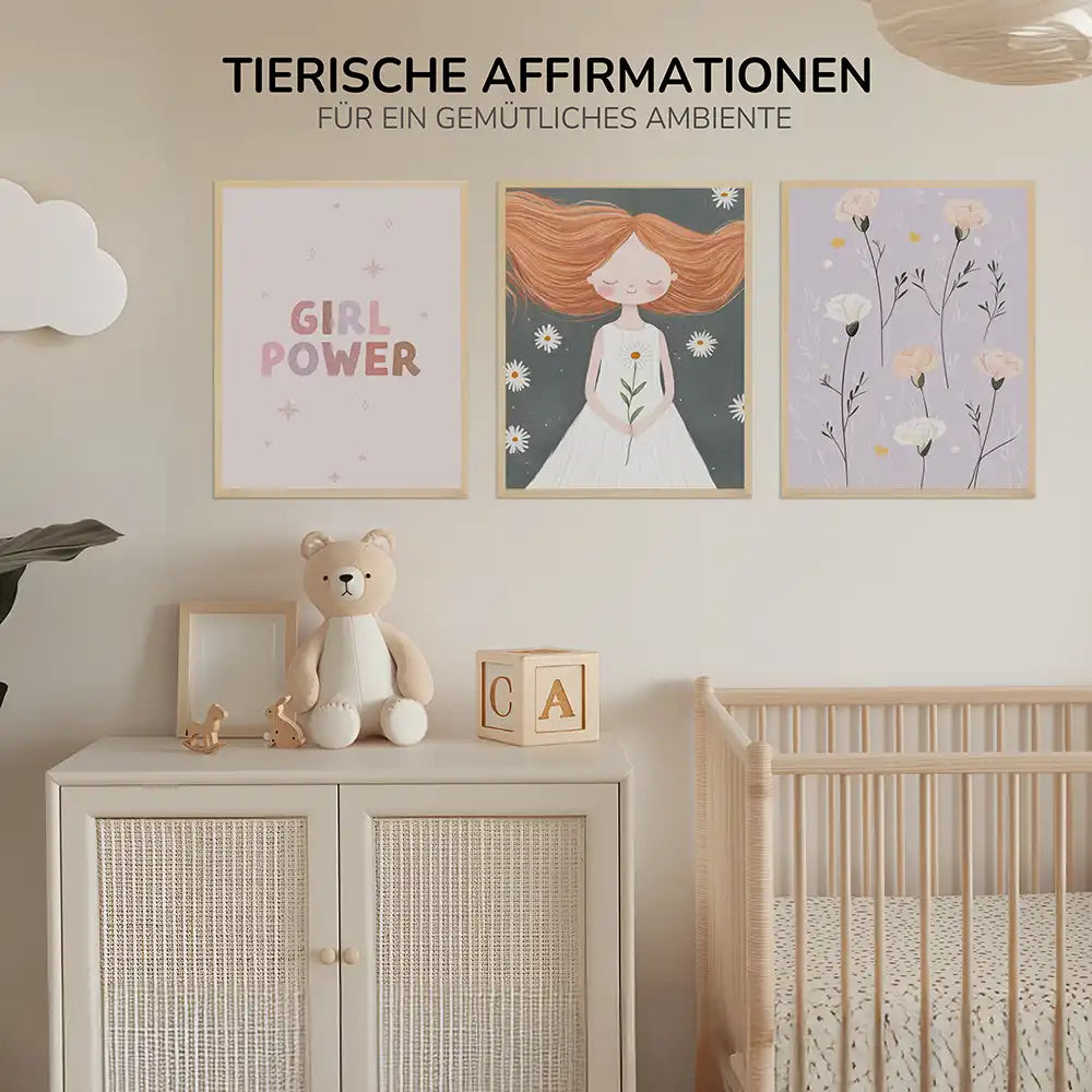 Poster 3er-Set - Girl Power, MĂ€dchen & Blumen fĂŒrs Kinderzimmer