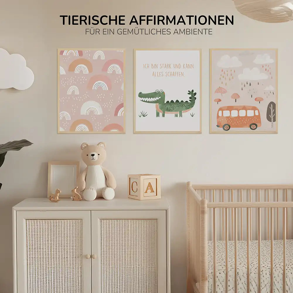 Poster 3er-Set - Regenbögen, Krokodil & Regenwetter fĂŒrs Kinderzimmer