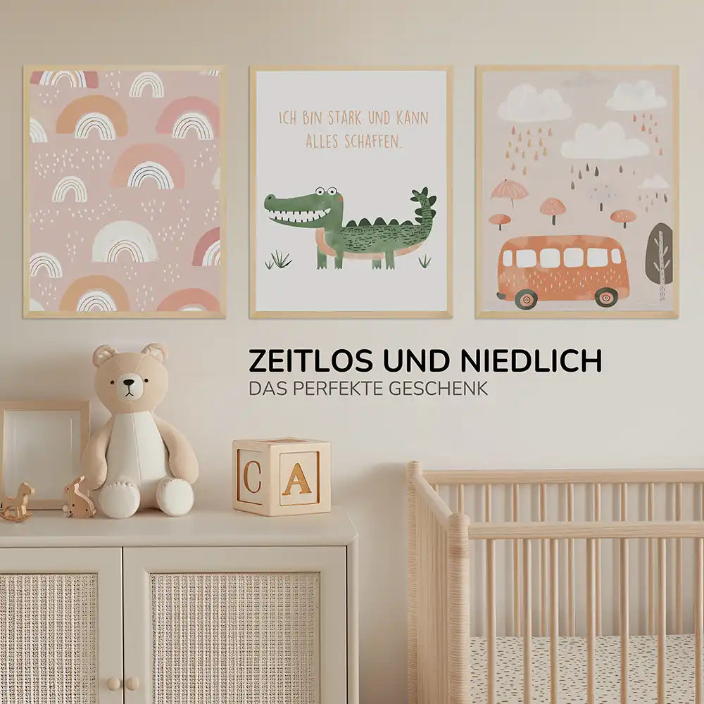 Poster 3er-Set - Regenbögen, Krokodil & Regenwetter fĂŒrs Kinderzimmer