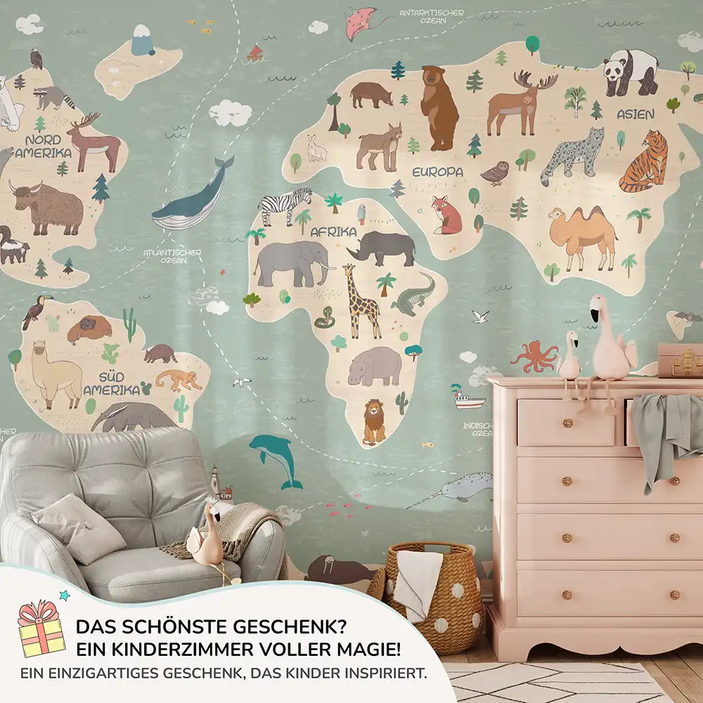 Kinderzimmer mit selbstklebender Fototapete Weltkarte â rĂŒckstandslos ablösbar