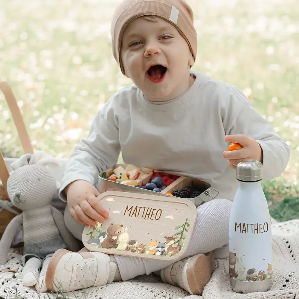 GroĂźes Schulstart-Set personalisiert fĂĽr Kinder: Brotdose, Trinkflasche und Tasse