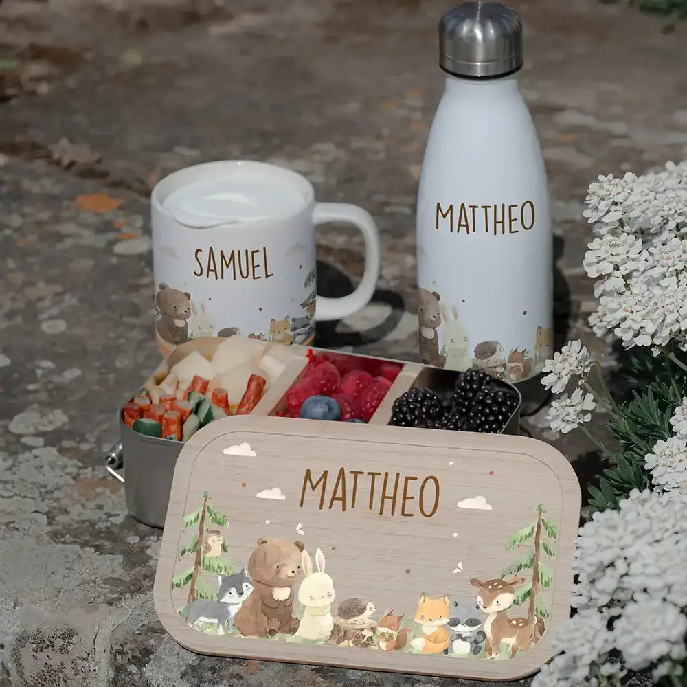GroĂźes Schulstart-Set personalisiert fĂĽr Kinder: Brotdose, Trinkflasche und Tasse