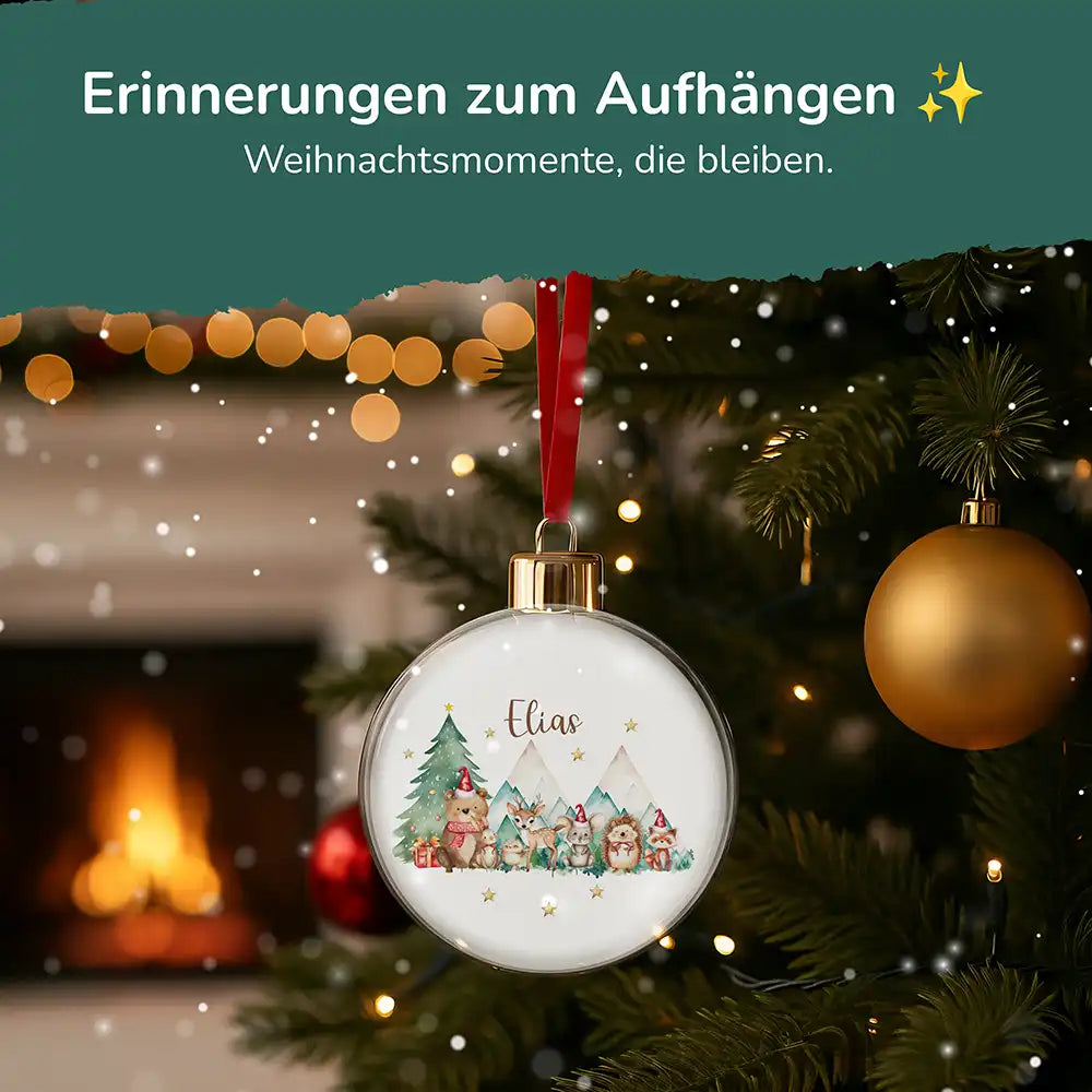 Weihnachtskugel personalisiert mit Namen - Süße Fellwesen im Frostzauber