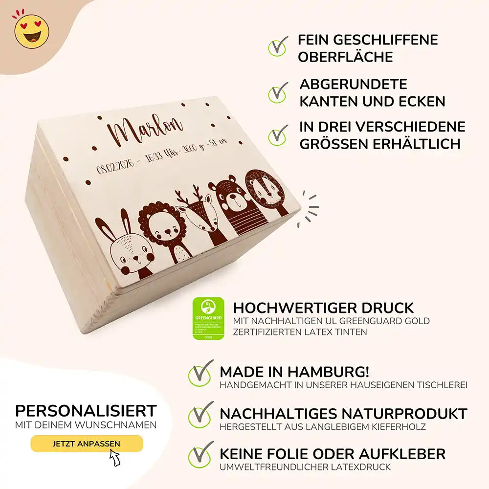 Erinnerungsbox Baby, Erinnerungskiste Baby - Tierfamilie graviert