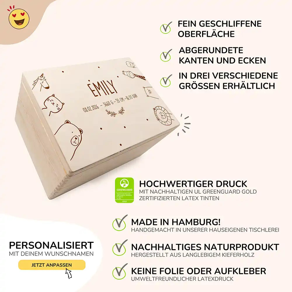 Erinnerungsbox Baby - fröhliche Tierfamilie