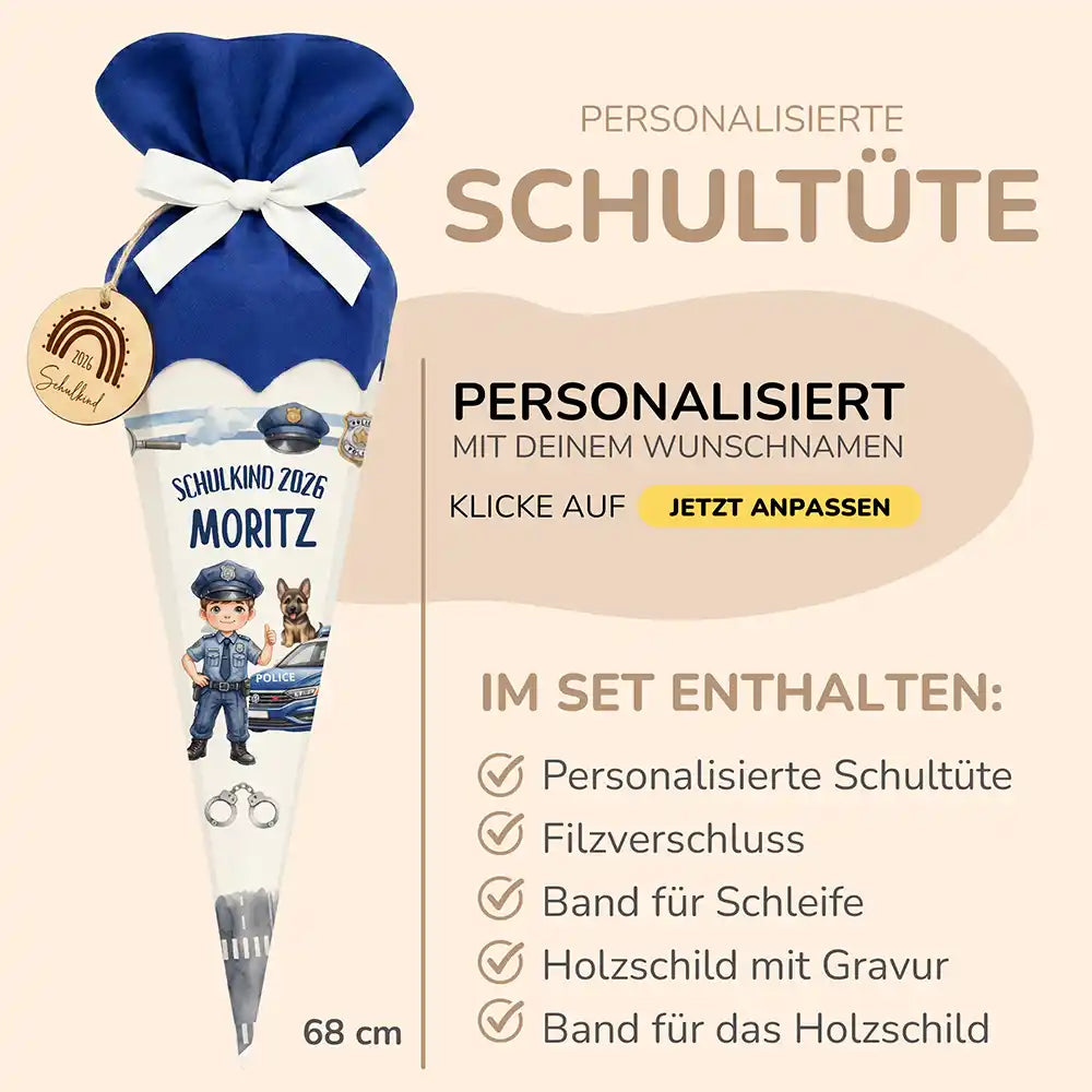 Schultüte personalisiert mit Name Polizist mit Hund – Produkt-Detail Materialqualität