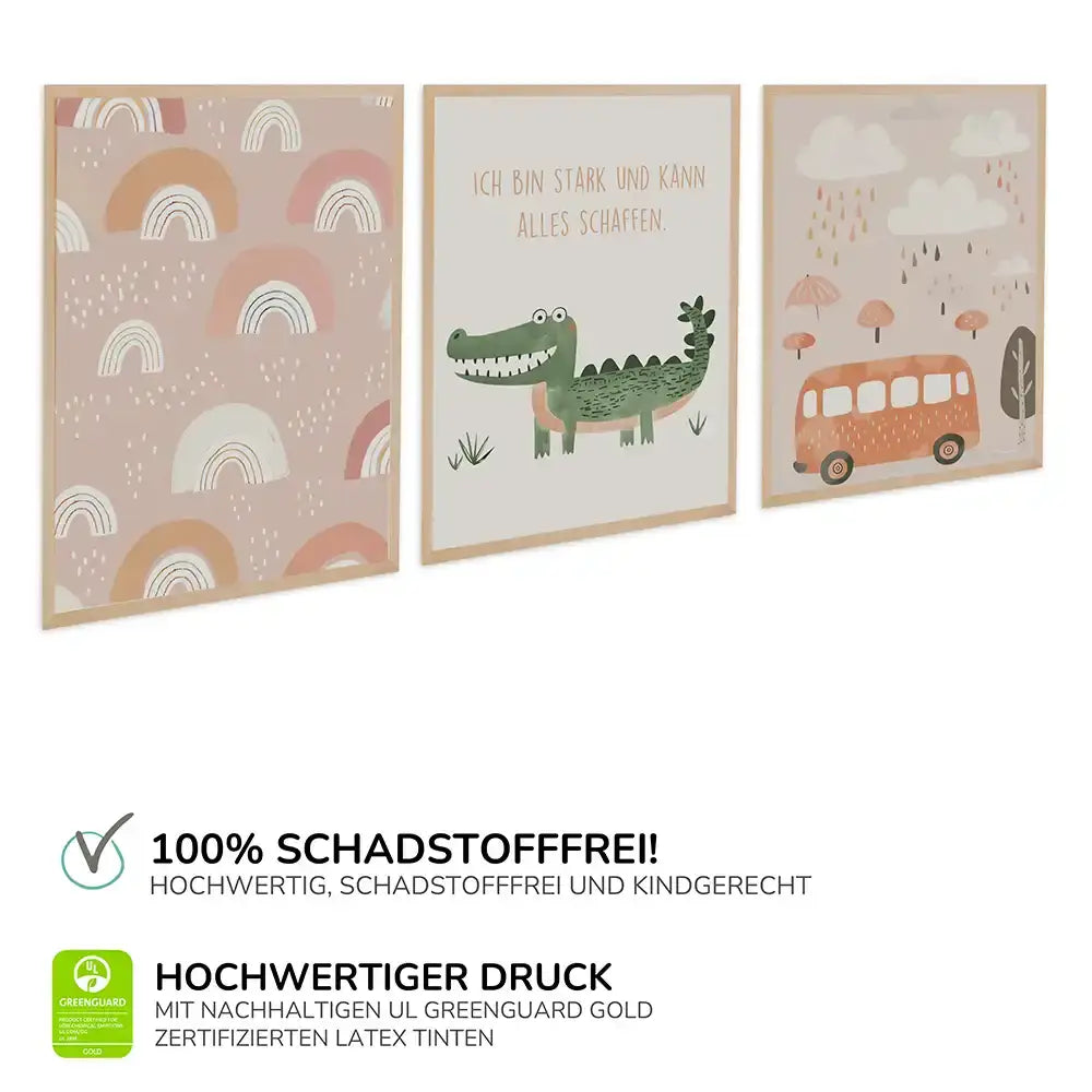 Poster 3er-Set - Regenbögen, Krokodil & Regenwetter fĂŒrs Kinderzimmer