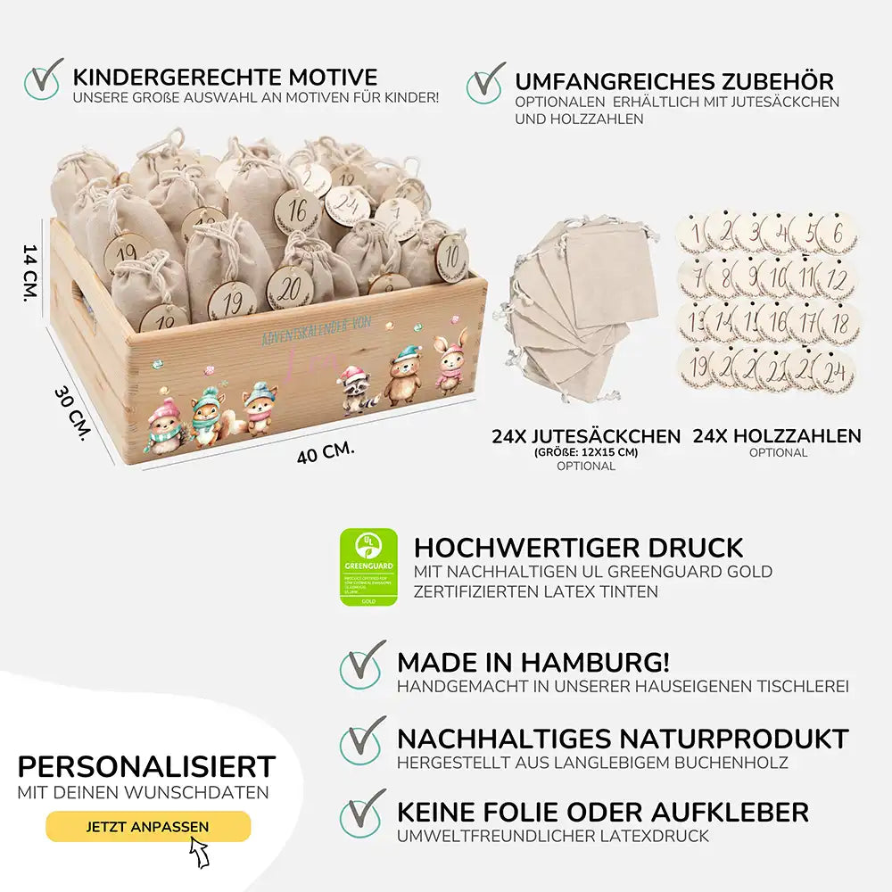Personalisierte Adventskiste zum Befüllen - niedliche Tiere Weihnachten