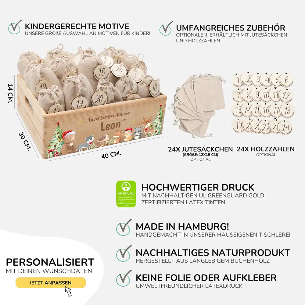 Personalisierte Adventskiste zum Befüllen - Niedliche Waldtiere