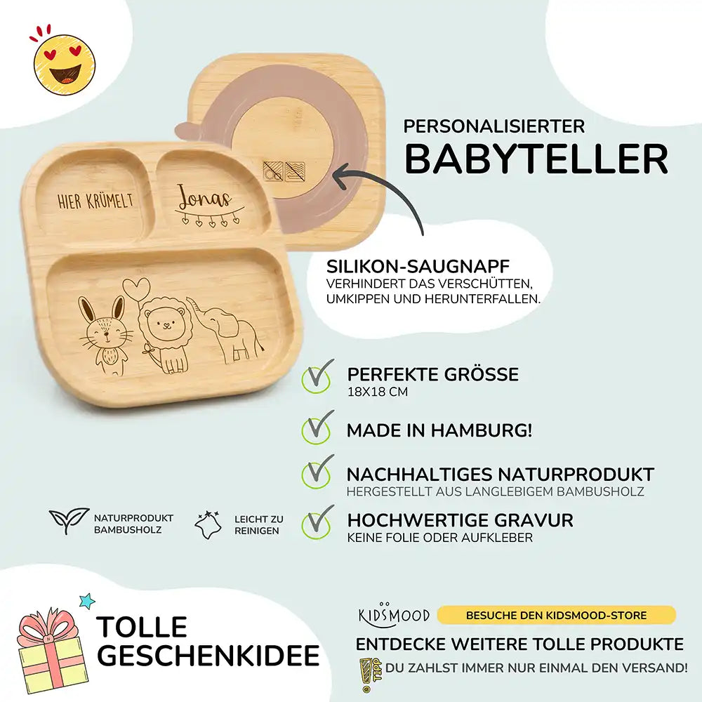 Kinderteller mit Saugnapf personalisiert mit Namen - Jungle Tiere
