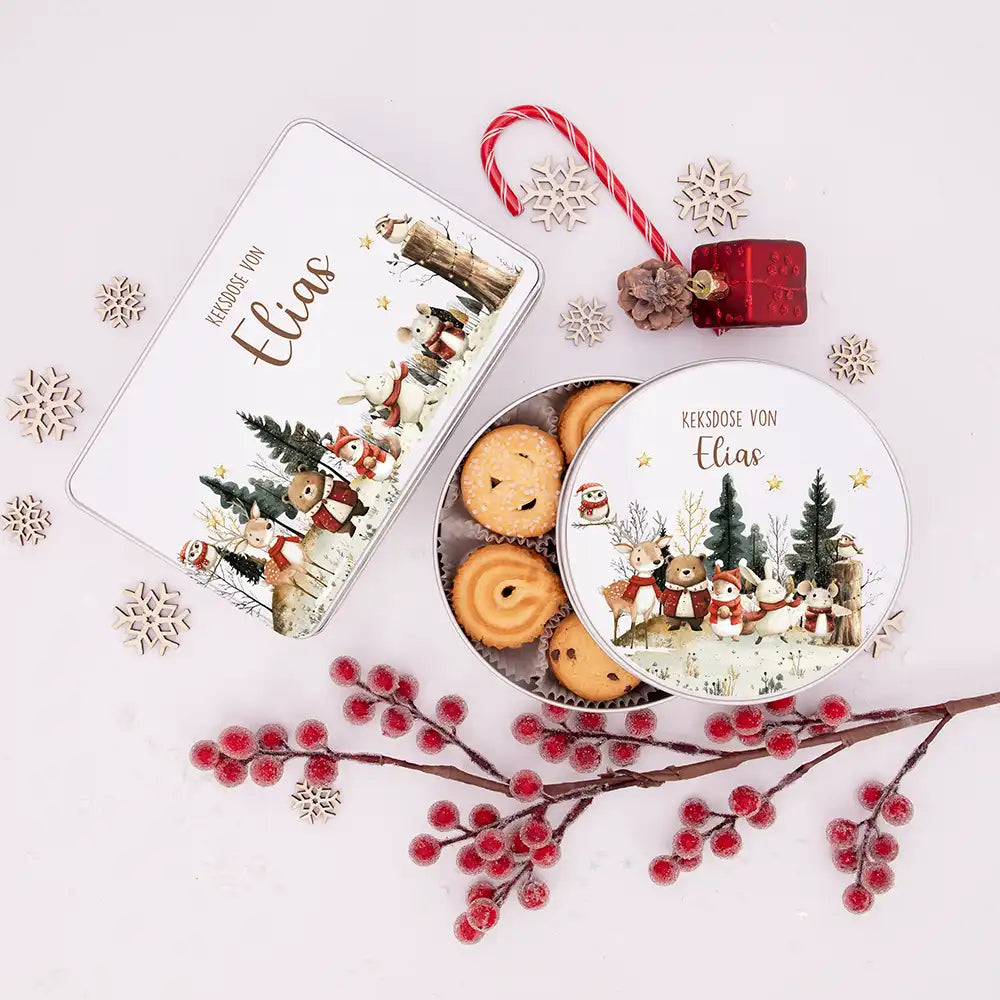 Keksdose aus Metall personalisiert - Weihnachtsfreunde im Schnee