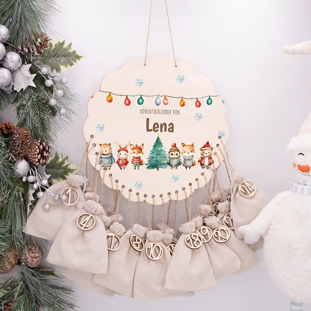 Personalisierter runder Adventskalender Kinder aus Holz - Niedliche Waldfreunde