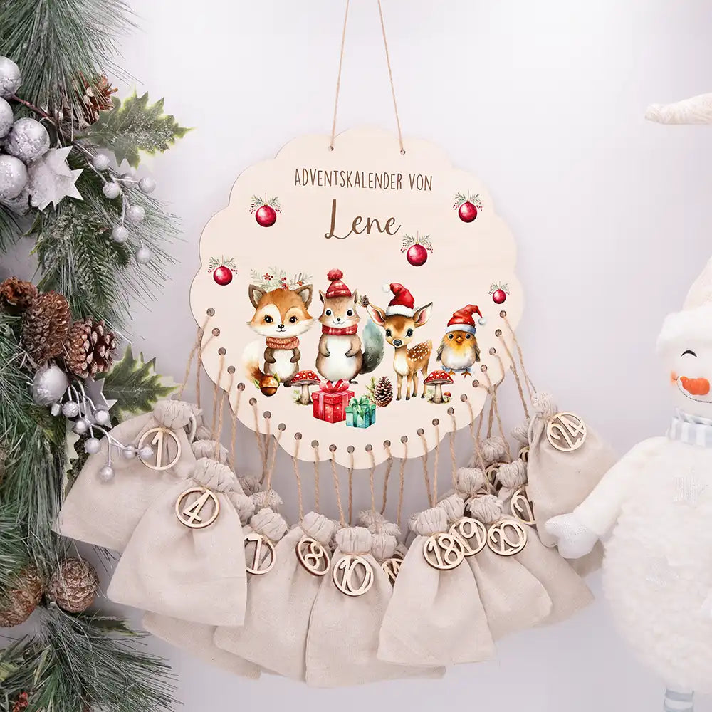 Personalisierter runder Adventskalender Kinder aus Holz - Tierische Weihnachtsfeier