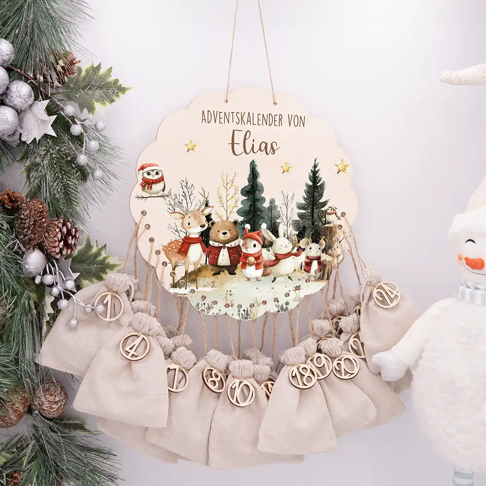 Personalisierter runder Adventskalender Kinder aus Holz - Weihnachtsdorf