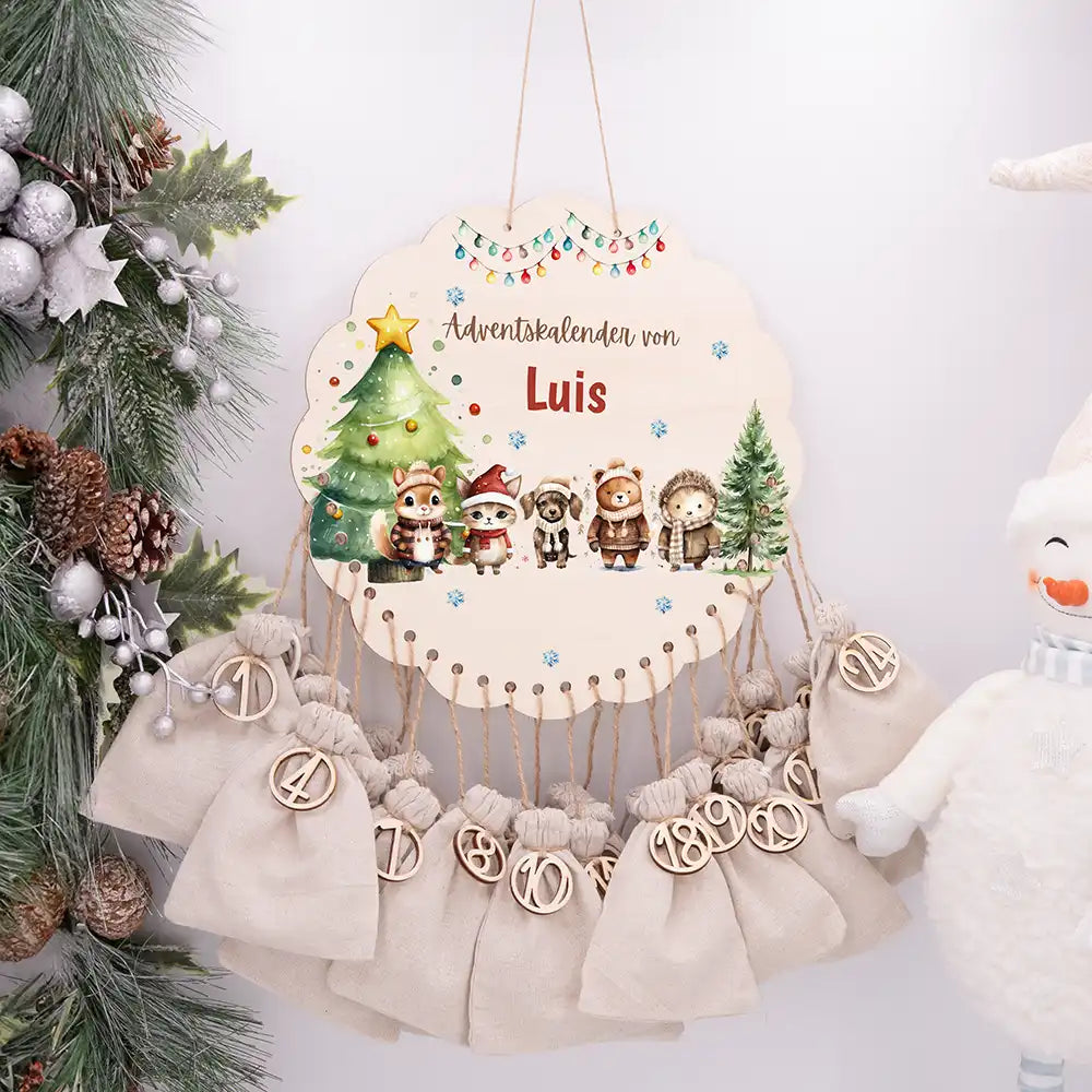 Personalisierter runder Adventskalender Kinder aus Holz - Winterwaldtiere