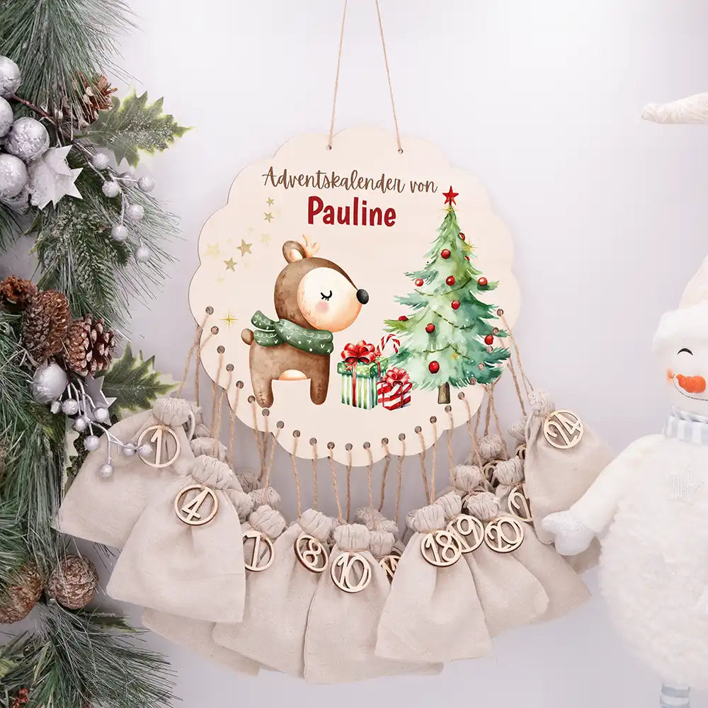 Personalisierter runder Adventskalender Kinder aus Holz - Baby Reh
