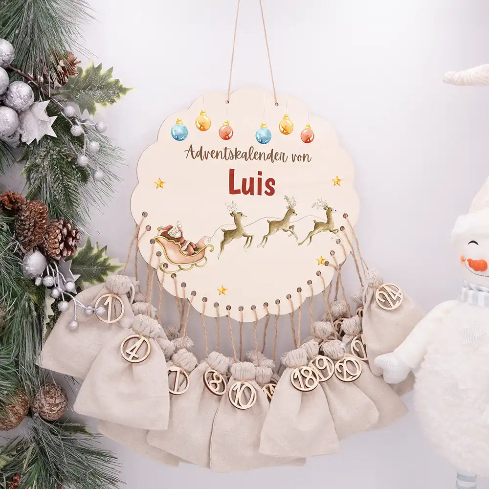 Personalisierter runder Adventskalender Kinder aus Holz - Rentiere
