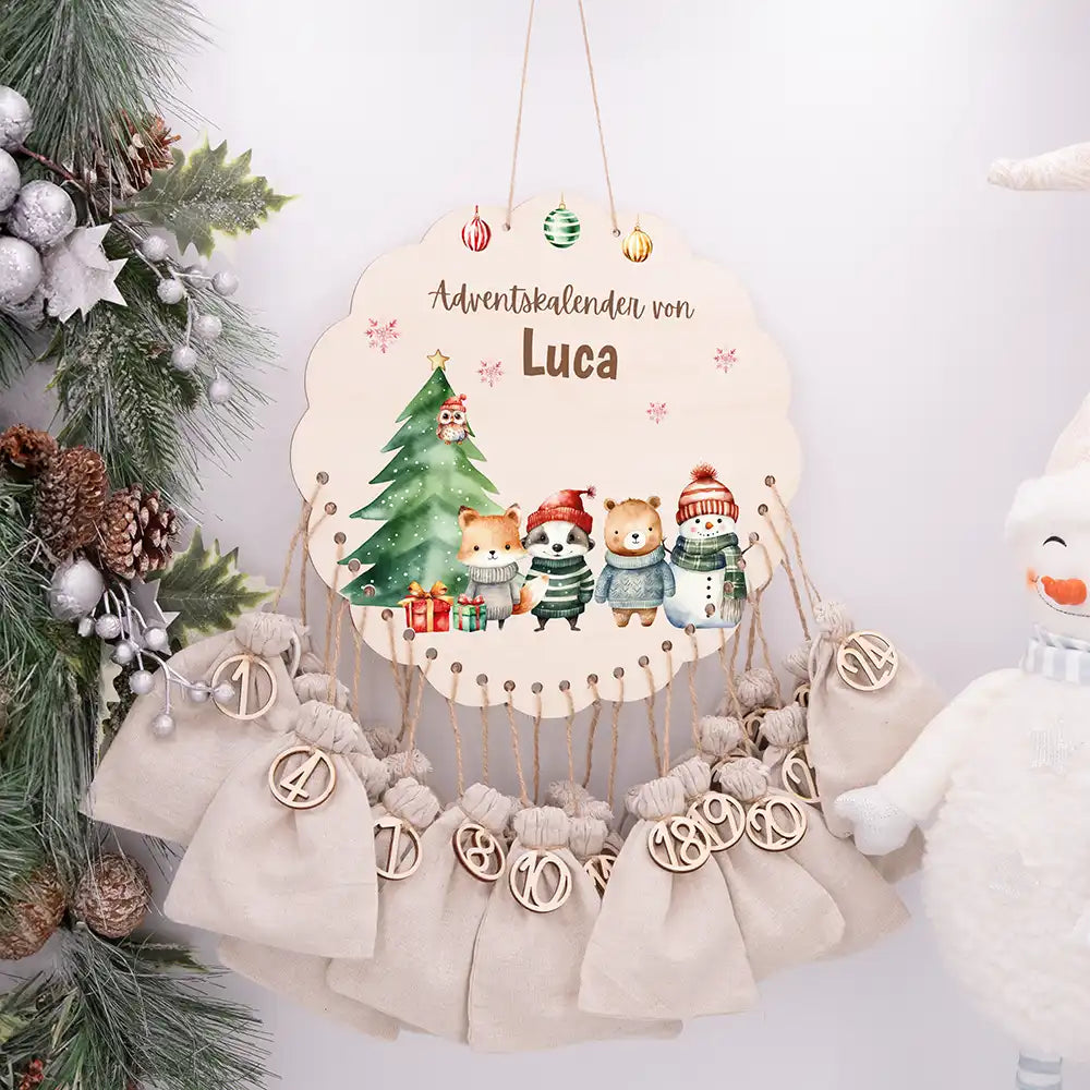 Personalisierter runder Adventskalender Kinder aus Holz - Tierische Weihnachtsbande